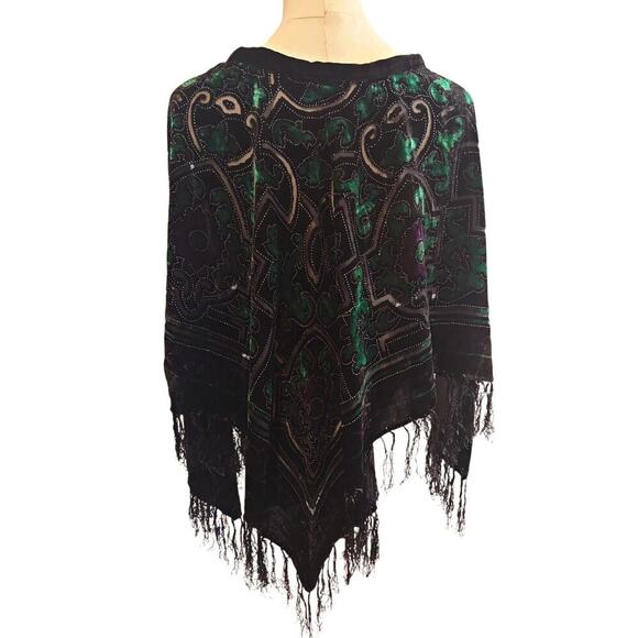 Womens One Size Poncho Shrug Cape Purple Emerald Green Tassels Estate Rich - Picture 2 of 3
